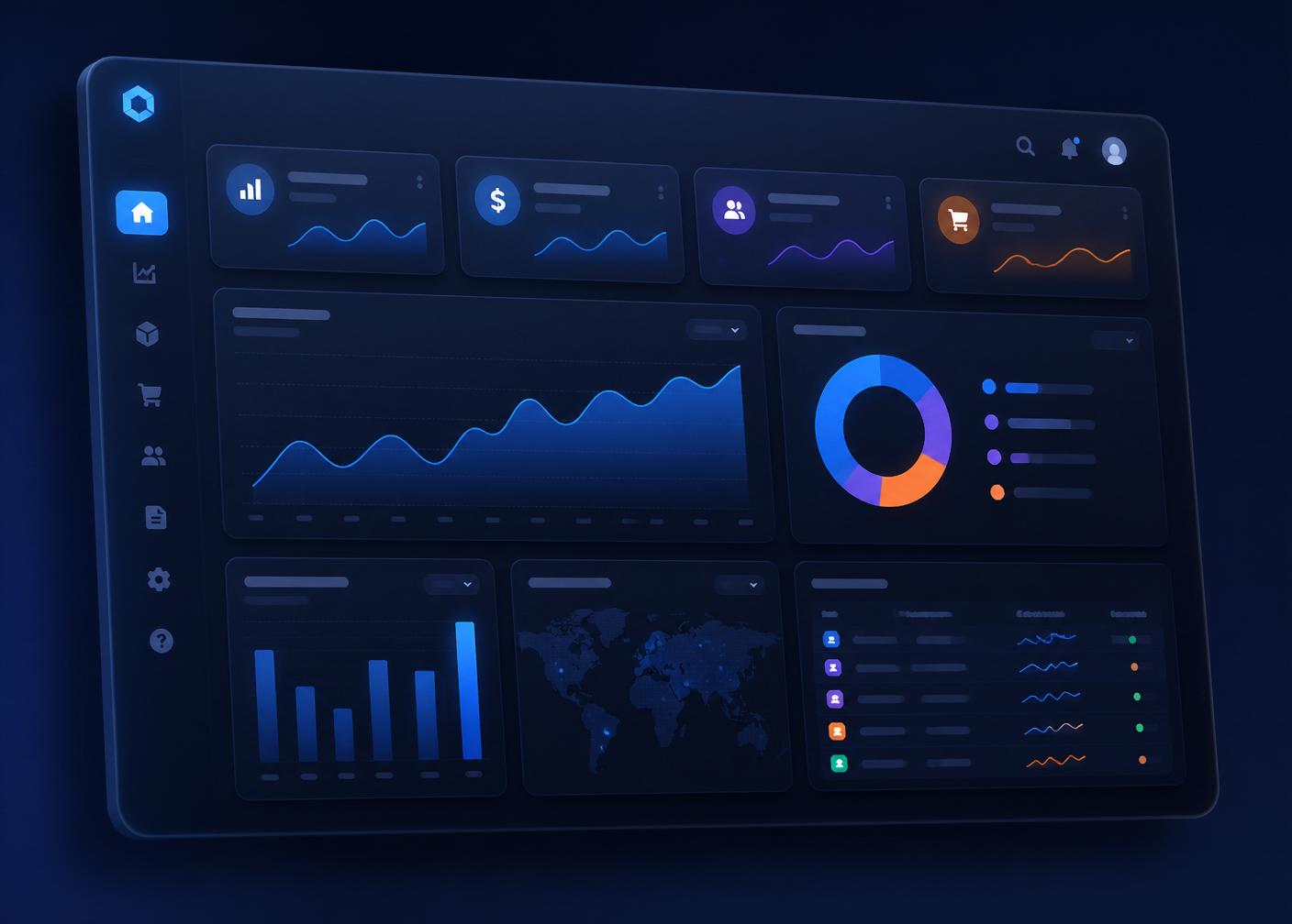 Enterprise ERP analytics dashboard with KPI tiles and charts